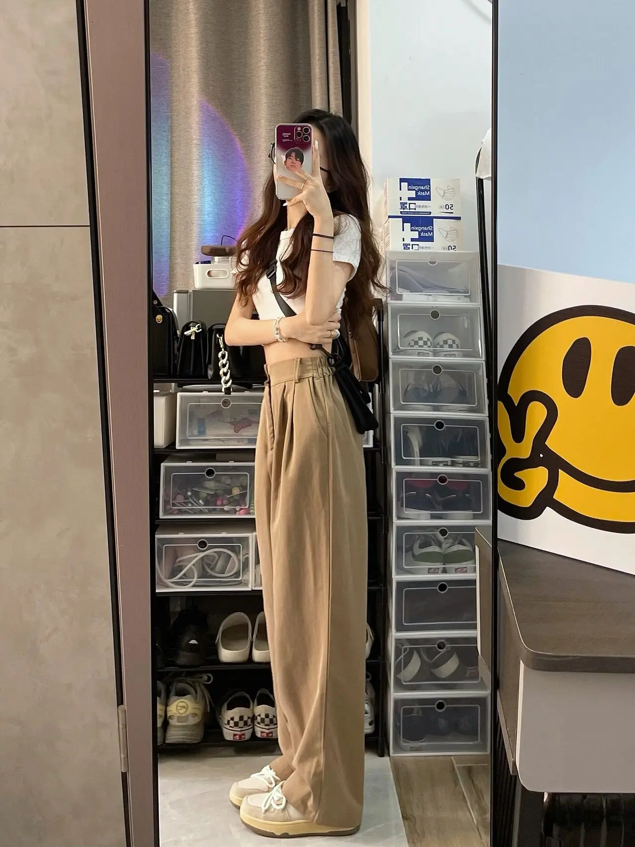 

Khaki High Waist Drapey Slimming Wide Leg Pants Women's Spring Summer Casual Suit Pants Loose Thin Floor-Length Straight Pants