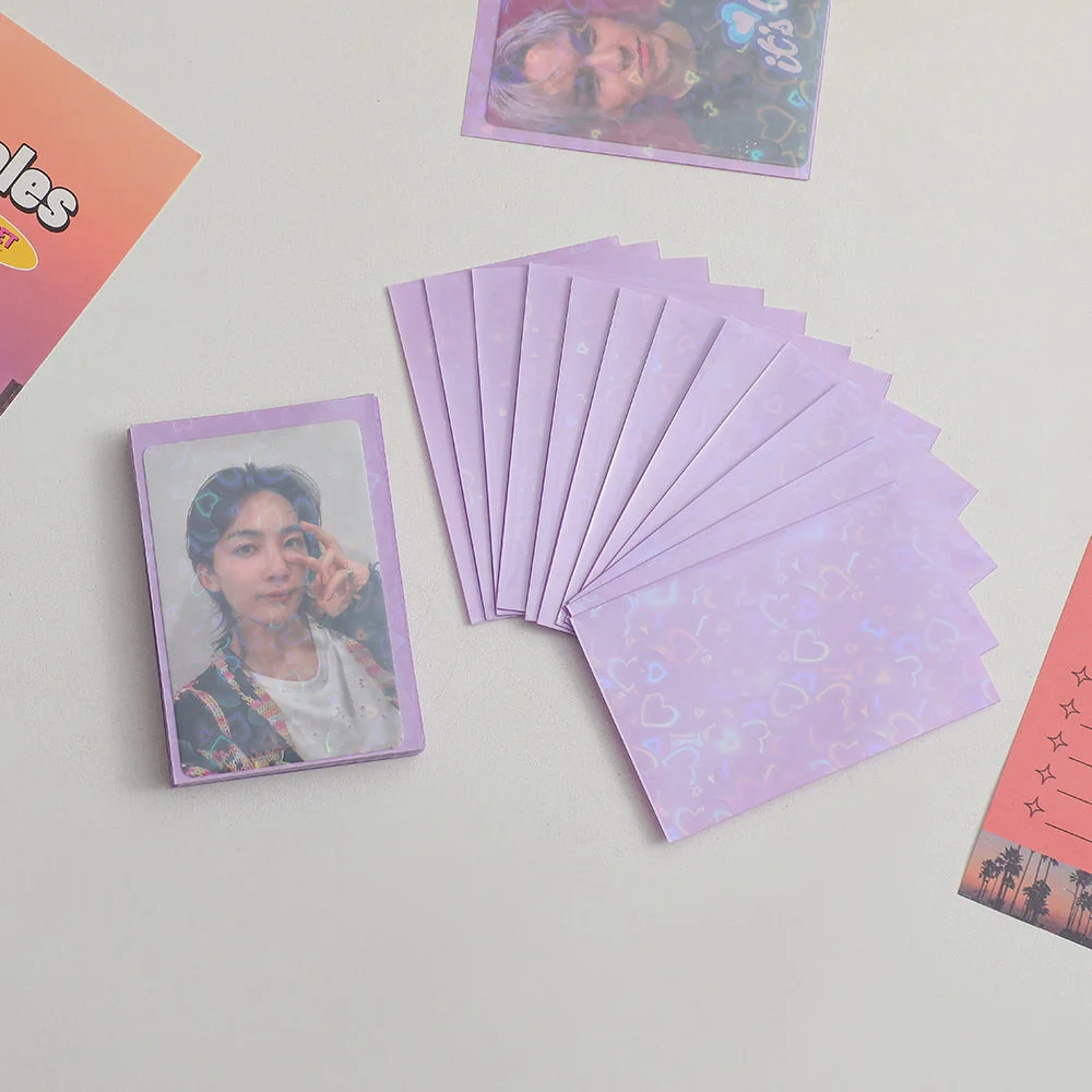 50pcs Colorful Laser Heart Card Film Heart-Shaped Glittering Protection for ID Student Game Cards PVC Card Sleeves