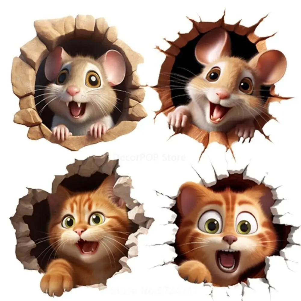 8 Styles 3D Mouse and Cat Stickers Removable PVC Mouse Hole Wall Sticke Cute 3D Self Adhesive Decals Home Decor