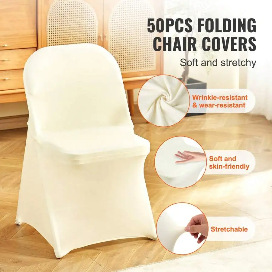 50PCS Ivory White Stretch Spandex Folding Chair Covers, Universal Fitted Chair Cover, Removable Washable Protective Slipcovers,