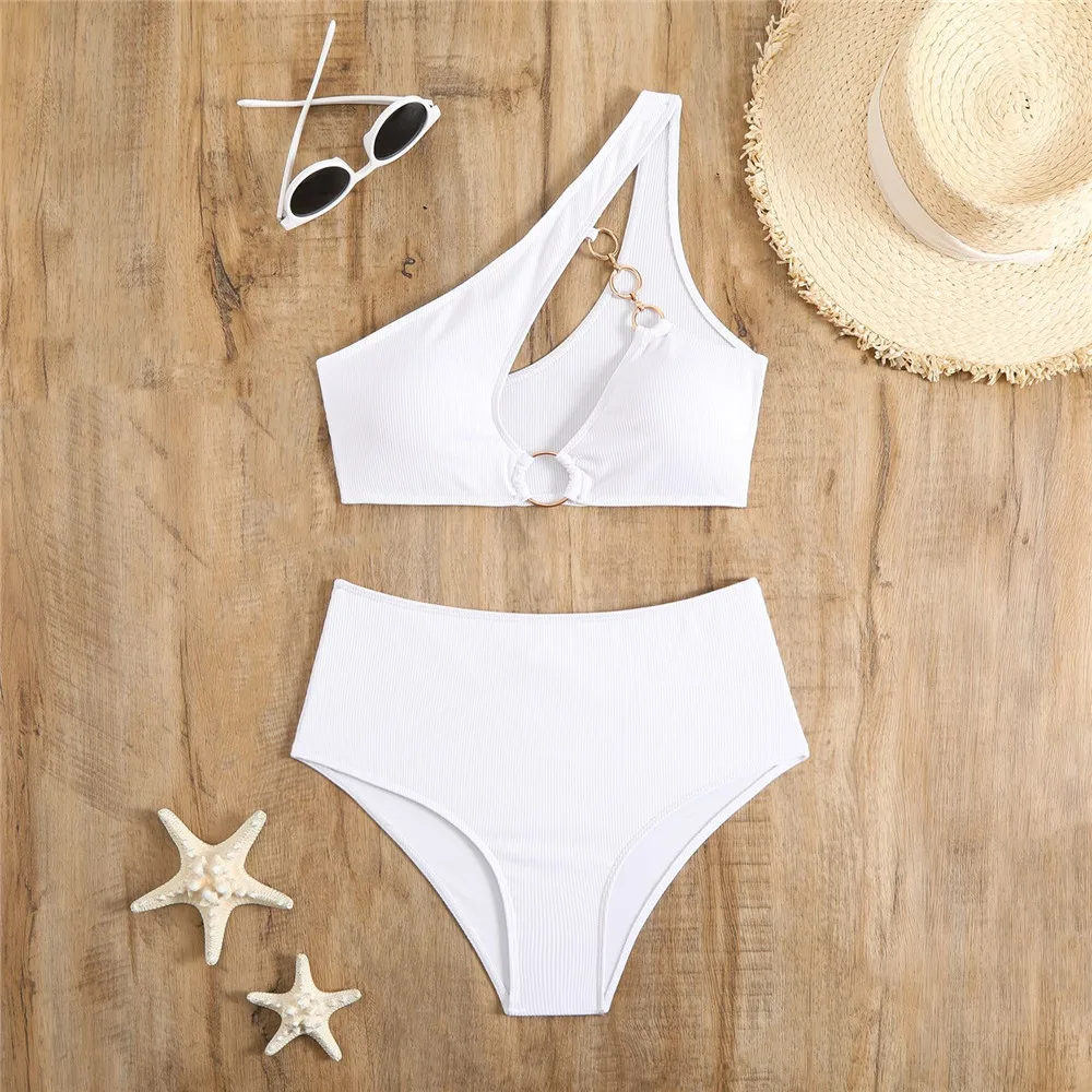 Trajes de baño sólidos de un hombro, Bikini negro acanalado de cintura alta, traje de baño Sexy con anillo de Metal para Mujer, traje de baño 2021, conjuntos de Bikinis para Mujer