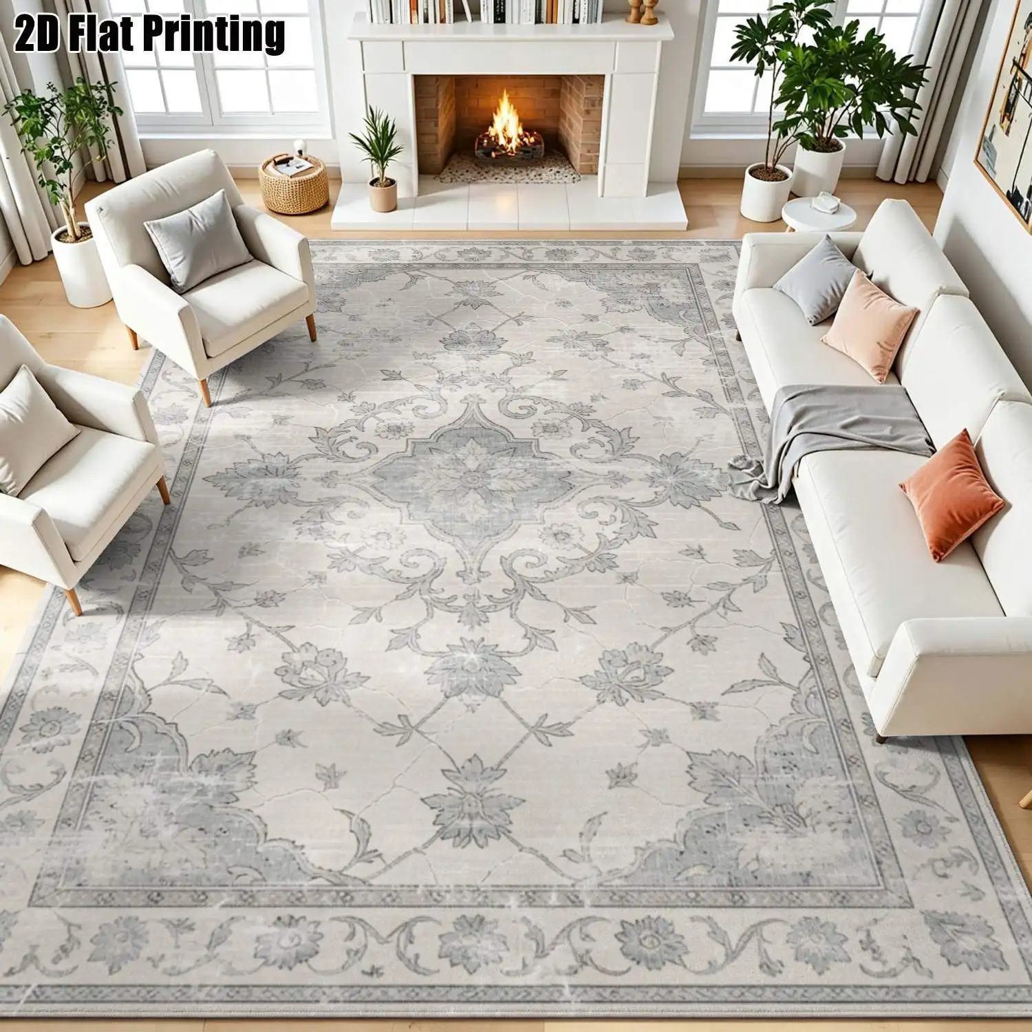 1Pc 2D Printed Blue-Grey Retro Pattern Carpet, European Vintage Geometric Design, Machine Washable, Multi-Size Home Decor Mat for Entrance, Dining Room, Bedroom, Living Room