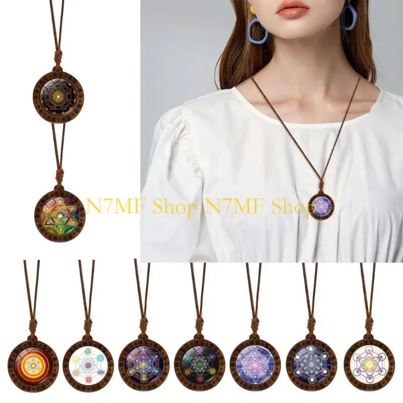 N7MF قلادة الخشب الروحية القلادة المقدسة والرمزية سري يانترا قلادة قلادة