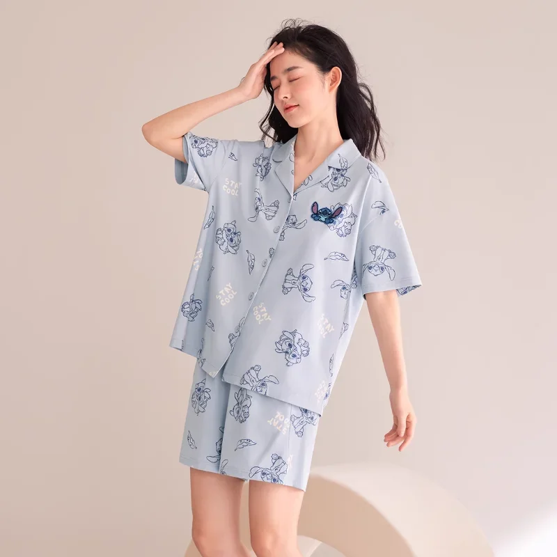 Disney Stitch silk pajamas women\'s summer cotton short-sleeved shorts cartoon home couple pajamas homewear pajamas set