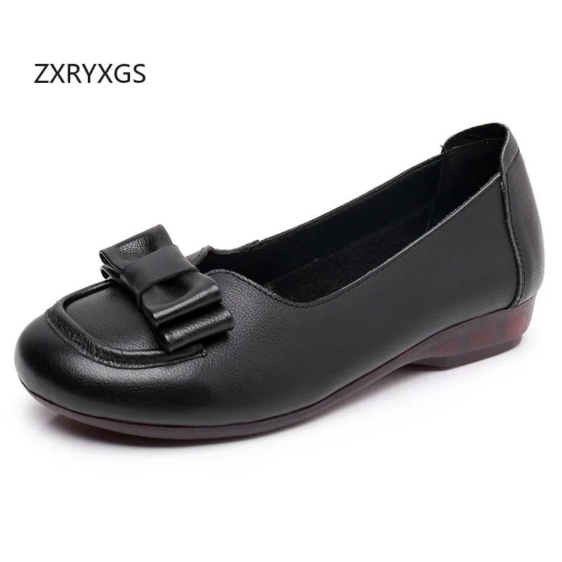 

ZXRYXGS Топ из воловьей кожи с круглым носком и бантом, милые элегантные удобные туфли на плоской подошве, новинка 2025, осенняя офисная рабочая банкетная женская обувь больших размеров