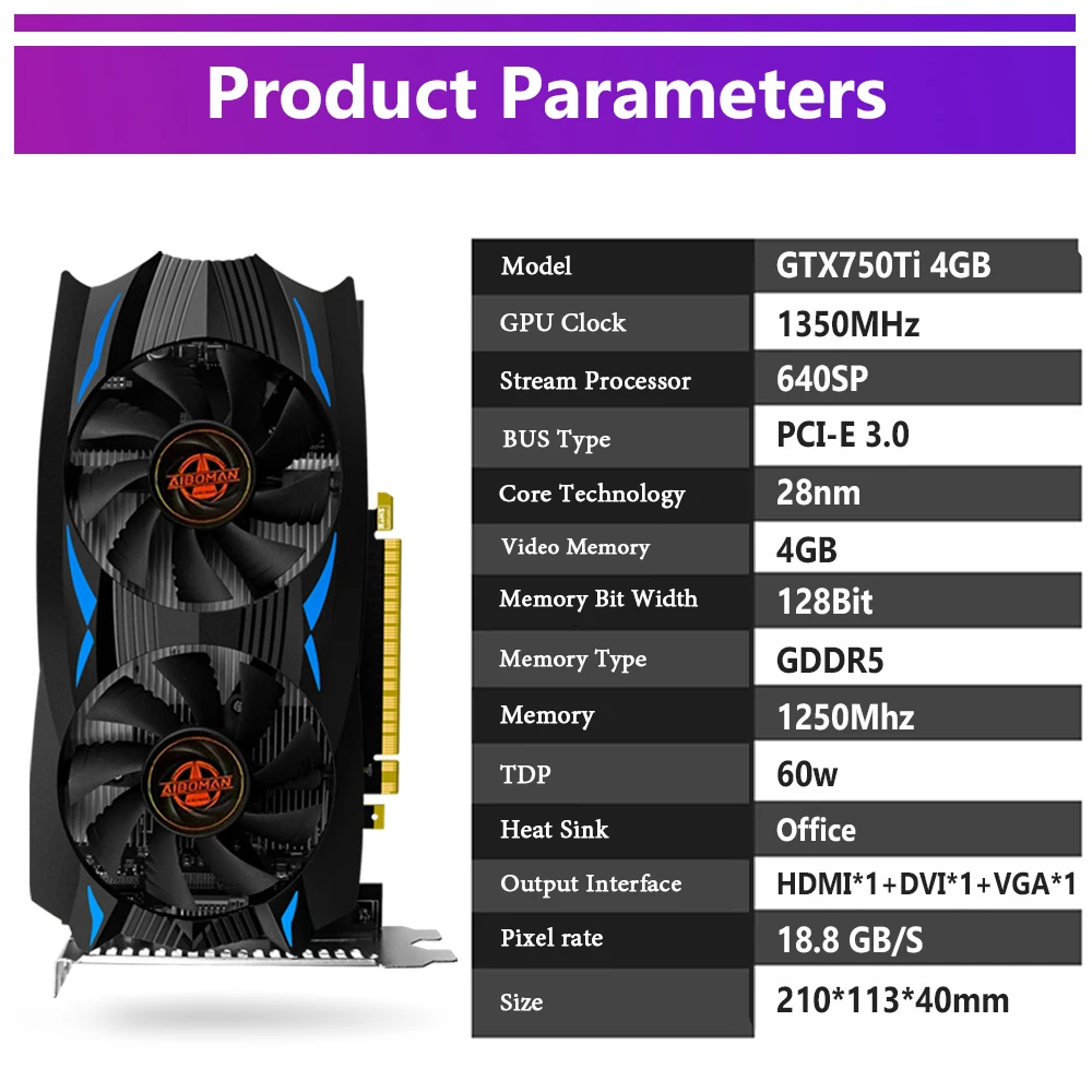 AIBOMAN NVIDIA GTX750Ti 4G GDDR5 بطاقة الرسومات 128Bit 28nm PCI Express 3.0 X16 بطاقات فيديو الألعاب مكونات الكمبيوتر المكتبي