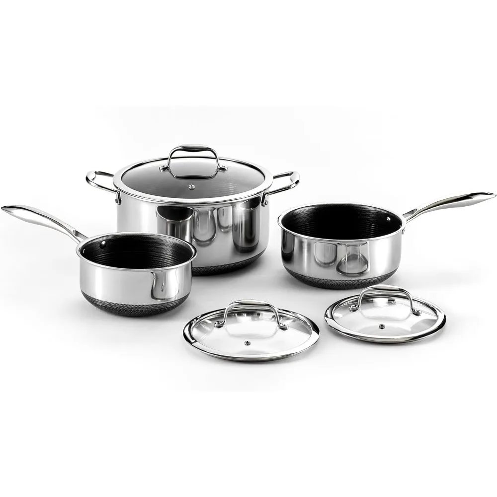 

Hybrid Nonstick 6-Piece Pot Set, 2, 3, and 8-Quart Pots with Tempered Glass Lids, Stay-Cool Handles, Dishwasher Safe