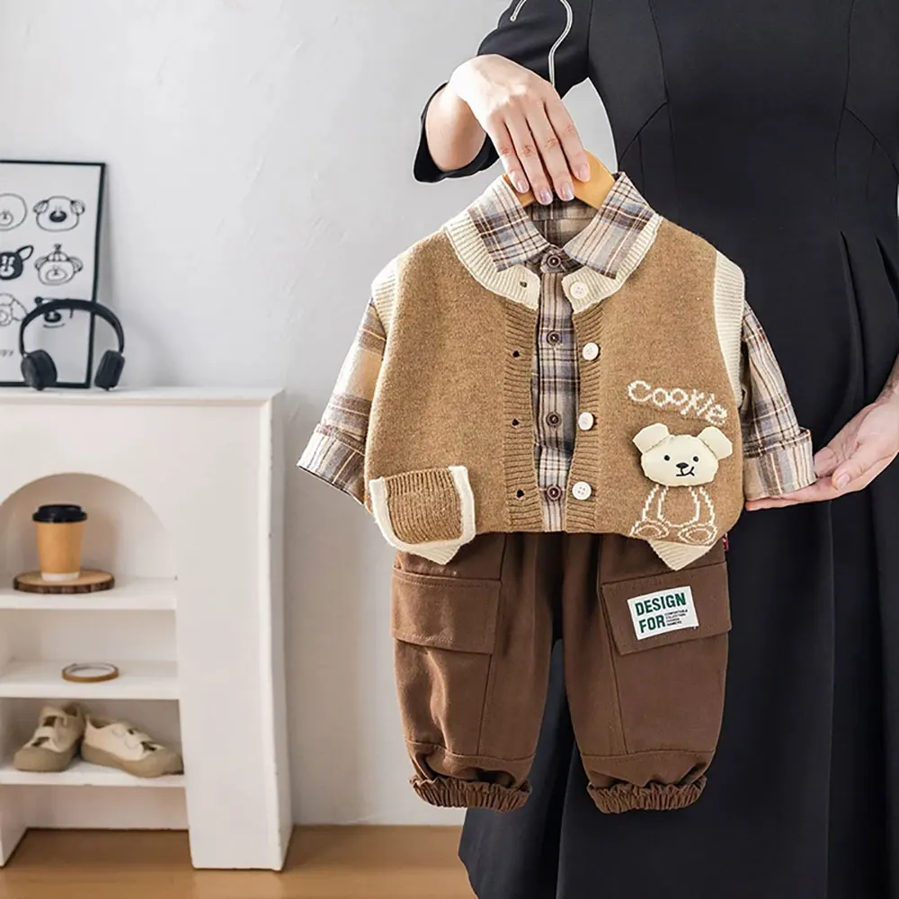 

Весенне-осенние комплекты одежды для новорожденных мальчиков: вязаный топ + клетчатая рубашка + брюки, наборы одежды для мальчиков