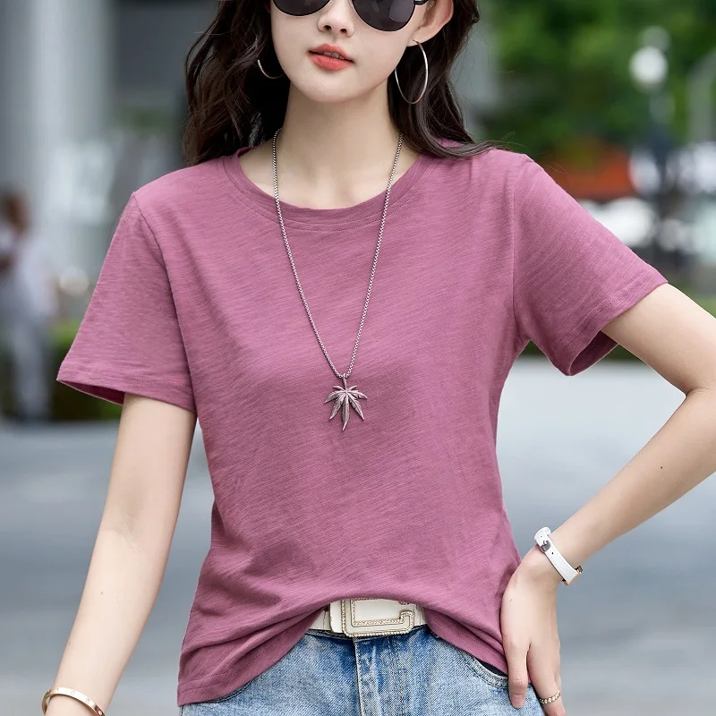 

TuangBiang Summer Solid 2024 New Bamboo Cotton Comfort Short Sleeve Women O-Neck T-Shirts Loose Casual Ladies Simplicity Tops