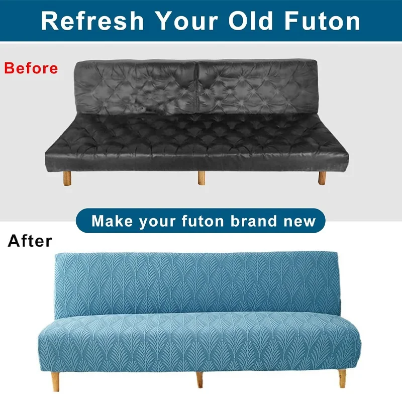 Jacquard Stretch Sofa Bed Cover Elastic Leaf Pattern Full Wrap Futon Cover AntiSlip Dustproof Protector for Armless Folding Sofa