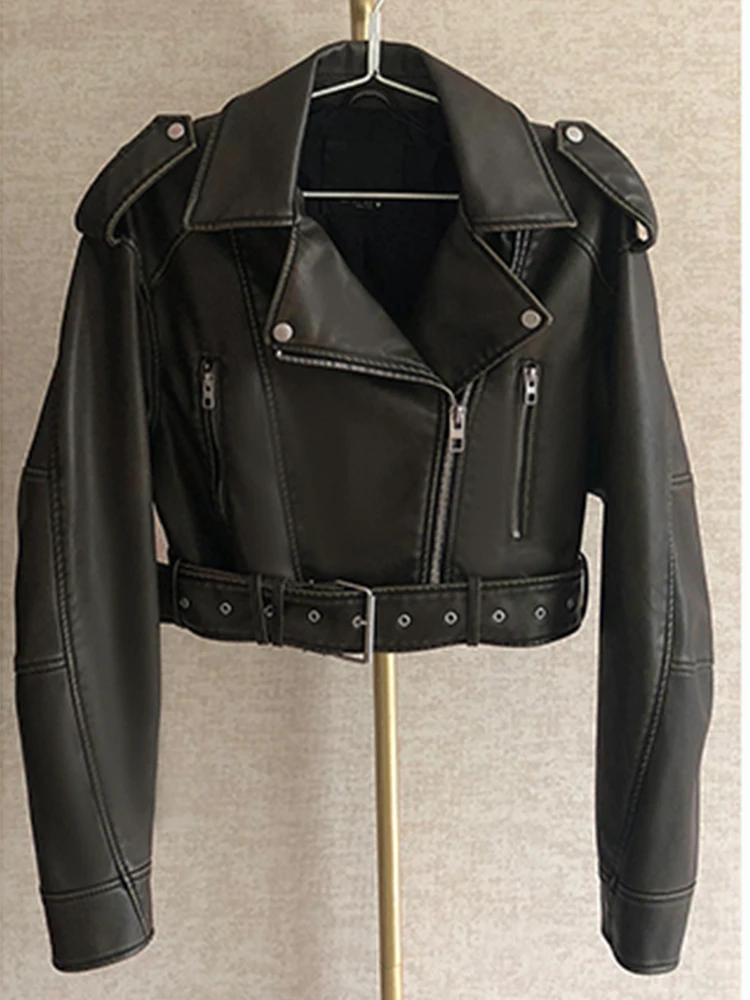 Fitaylor Nieuwe Lente Herfst Vintage Moto Biker Pu Korte Jas Vrouwen High Street Losse Revers Rits Faux Leren Jas Met Riem