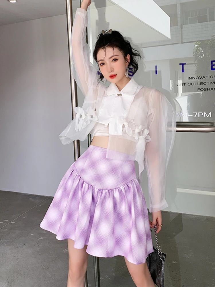 Sweet Casual Mini Skirt Women Preppy High Waist Purple Plaid Pleats Skirts Student Summer A Line Loose Female Fashion New Skirt
