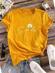 Flower & Letter Print Crew Neck T-Shirt, Casual Short Sleeve T-Shirt For Spring & Summer, Women's Clothing