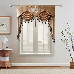 European Brown Floral Valance for Living Room Luxury Flower Waterfall Swag Window Treatment for Bedroom, Rod Pocket Top