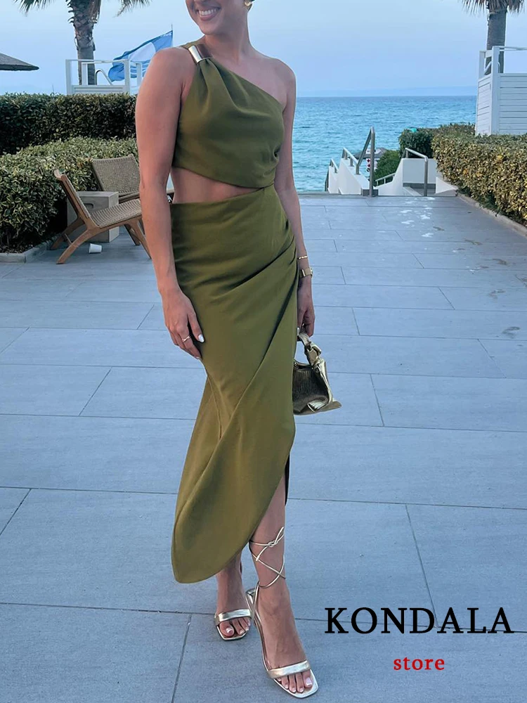 KONDALA Vintage Chic Women Dress Beach Style Dropped Waist Strap Asymmetrical Long Dress New Fashion 2023 Summer Holiday Dress