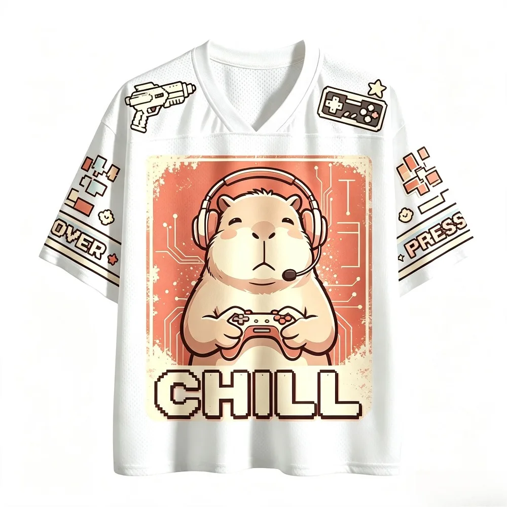 Gamer Capybara CHILL Graphic Men T Shirt Vintage Gaming Aesthetic Loose Mesh Short Sleeve Jersey