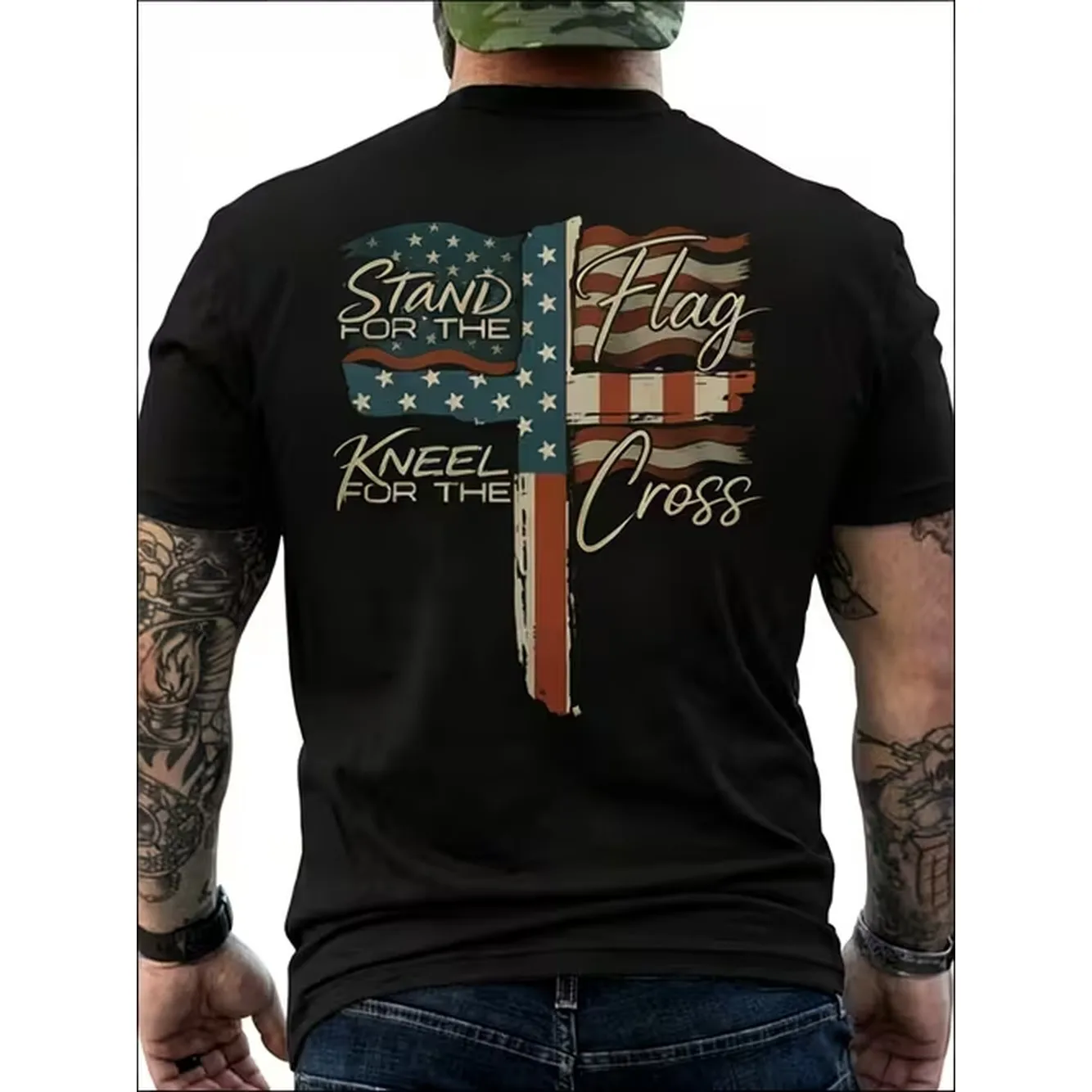 Wavy American Flag Print Mens Cotton T Shirt No Fade Machine Washable Crewneck Tee For Family Cool Top