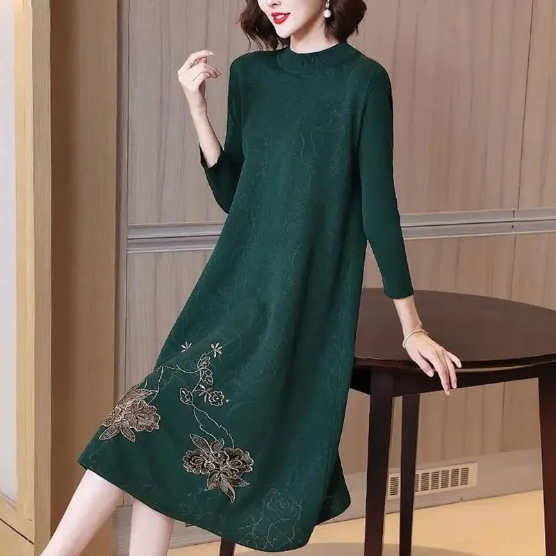 Women Oversize Dress Vestido For Autumn Winter 2024 New Vintage Print Half High Collar Pullover Female Jacquard Knitting Sweater