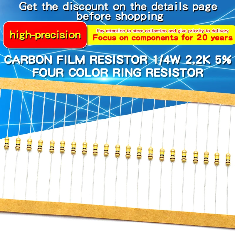 

100pcs 1/4W Carbon Film Resistor 100Ω~220KΩ 5% Resistance 100 120 300 330 1K 1.5K 2.2K 3.3K 10K 20K 100K 150K 220K Ohm