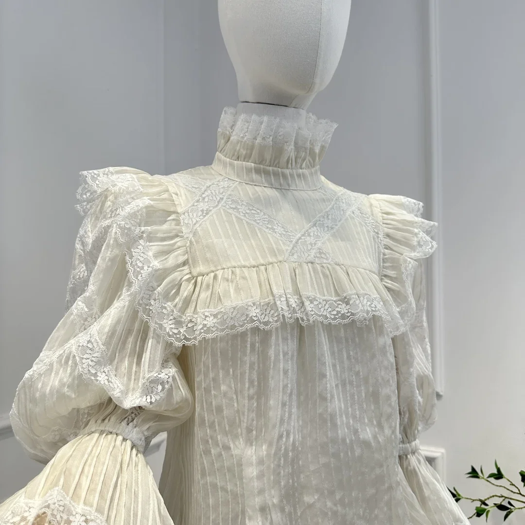 Silk New Design High Quality Summer 2023 Heavy Work White Lace Patchwork Pleat Women All-matching Blouse