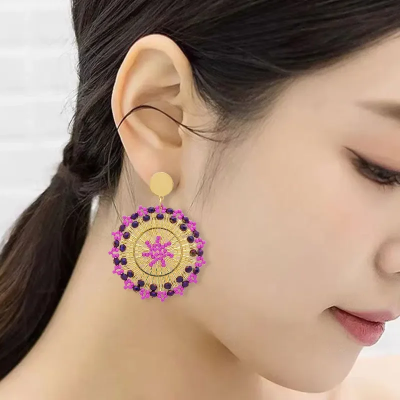 

Rice bead earrings Sunflower Crystal Hand knitting Versatile Design Roundness Bohemia Alloy Female Fashion Beaded earrings