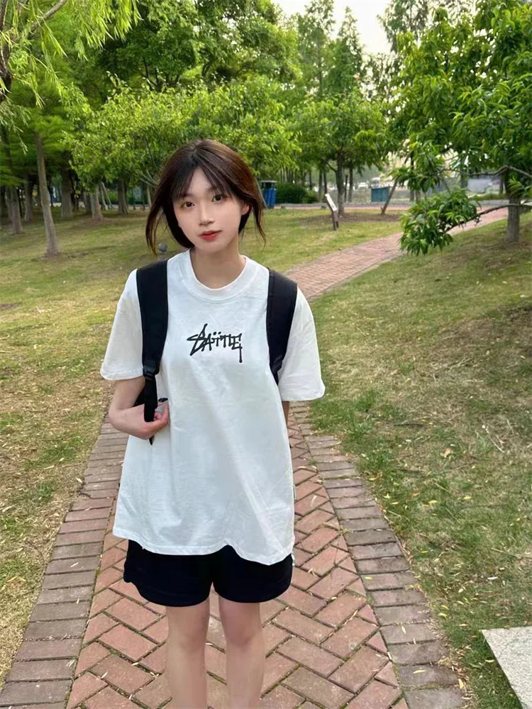 

Women's White Graphic T-Shirt with Black Shorts Set Vintage Outfit Japanese Style Campus Aesthetic Summer Lightweight Couple