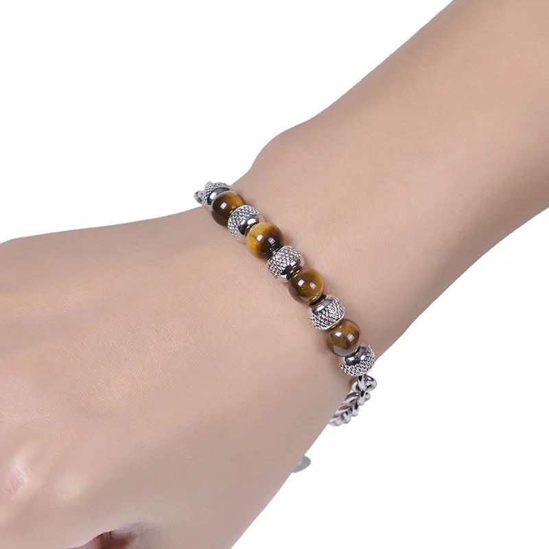 Men Natural Stone Bracelet Stainless Steel Adjustable Chain Link Bracelet Natural Tiger Eyes Lava Rock Stone Bracelet Gifts
