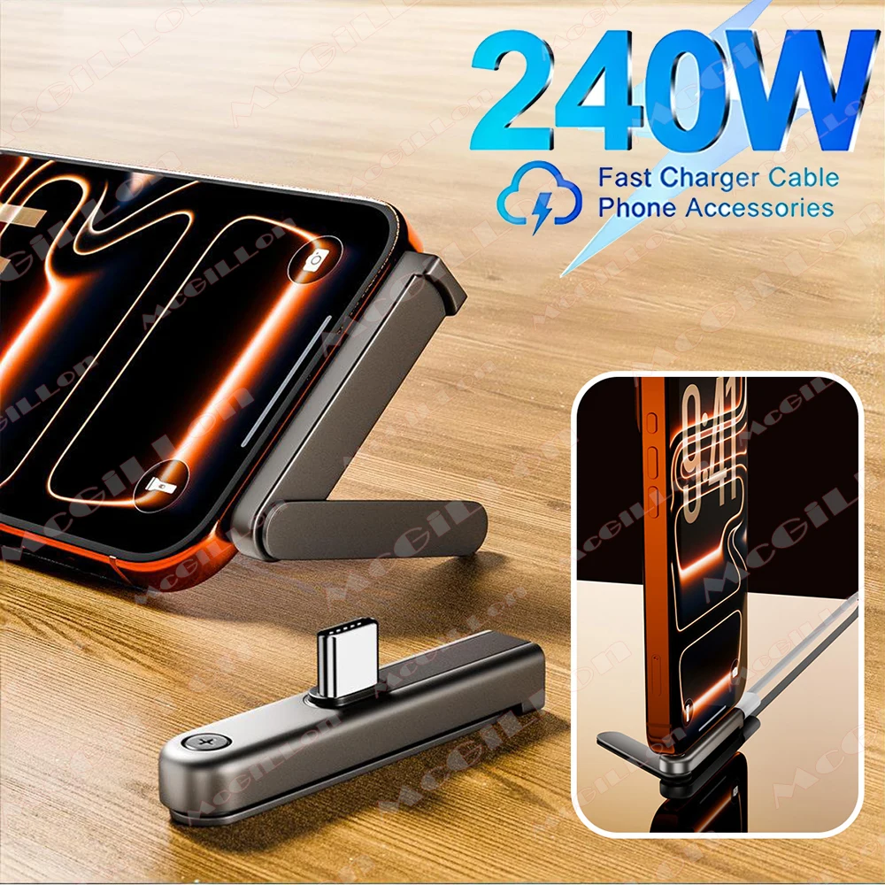 2 in 1 Type C Adapter with Foldable Phone Stand 240W Fast Charging USB C Male To Female Converter for IPhone Samsung Xiaomi OPPO