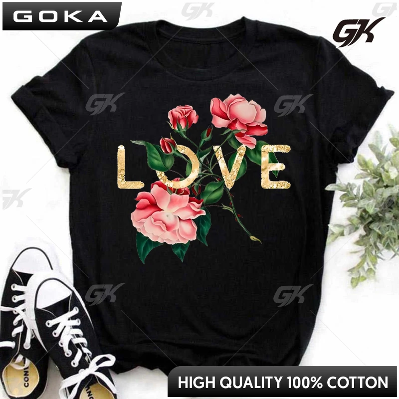 Maycaur Women T-shirts Floral Love T Shirt 90s Ladies Fashion Clothing Cartoon Clothes Short Sleeve Female Tees Valentine Tshirt