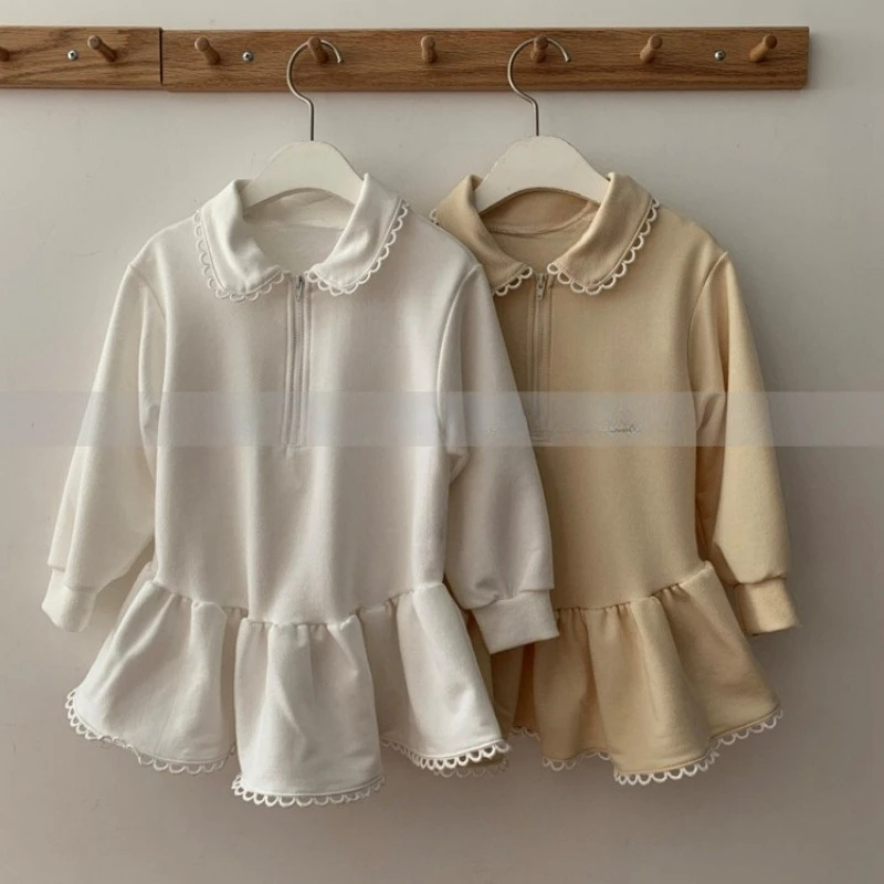 

Girls Lace Collar Dress 2025 Autumn Winter Sweet Ruffled Hem Long Sleeve Dress Korean Fashion Princess Dress for Toddlers