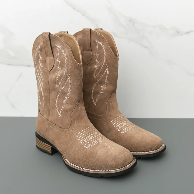 

Men's Suede Western Cowboy Boots Embroidered Mid Calf Non Slip Block Heel Casual Outdoor Shoes