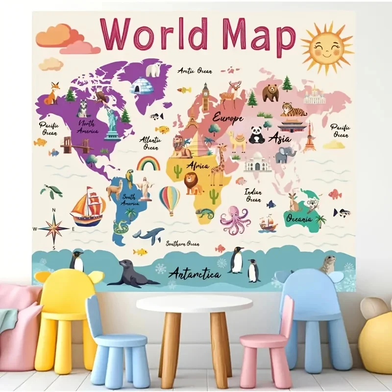 VIKAMA Educational World Map Tapestry, Cute Animals & Continents Wall Art Cloth for Kids Room, Nursery & Classroom Decor