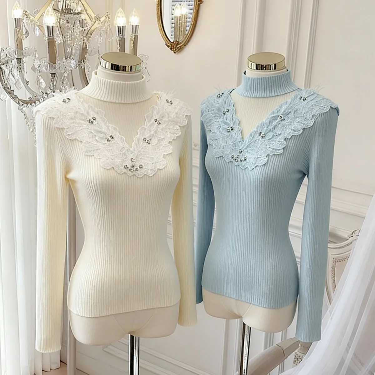 

Ele V-Ne Lace Splice Long Sve Knitted Sweater Women's Faion Inner Wear Base irt Hollow out Design Winter 2025