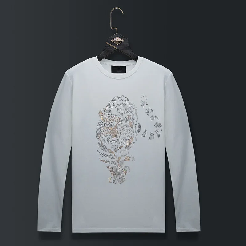 Plus Size Fashion Rhinestones Tiger Cartoon T Shirts Men Streetwear O Neck Long Sleeve Slim Modal Cotton Tshirts Mens Clothing