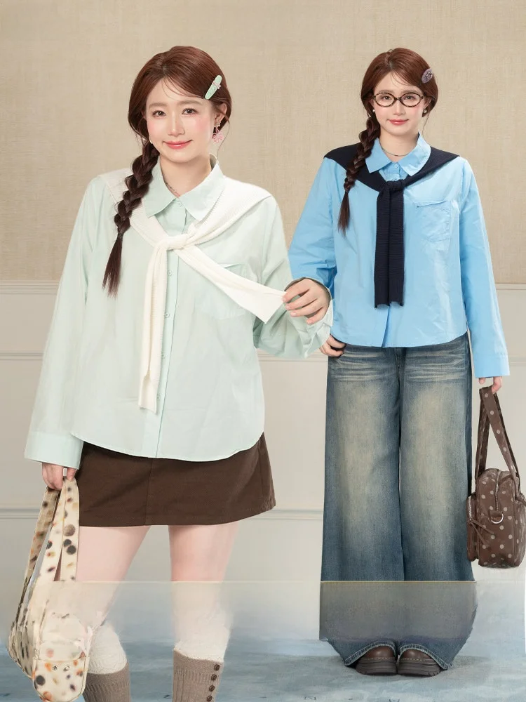 

Heynew Blue Casual Shirt for plus Size Women with Shoulder Scarf Slimming Loose Fit Spring Summer Cotton Long Sleeve Shirt