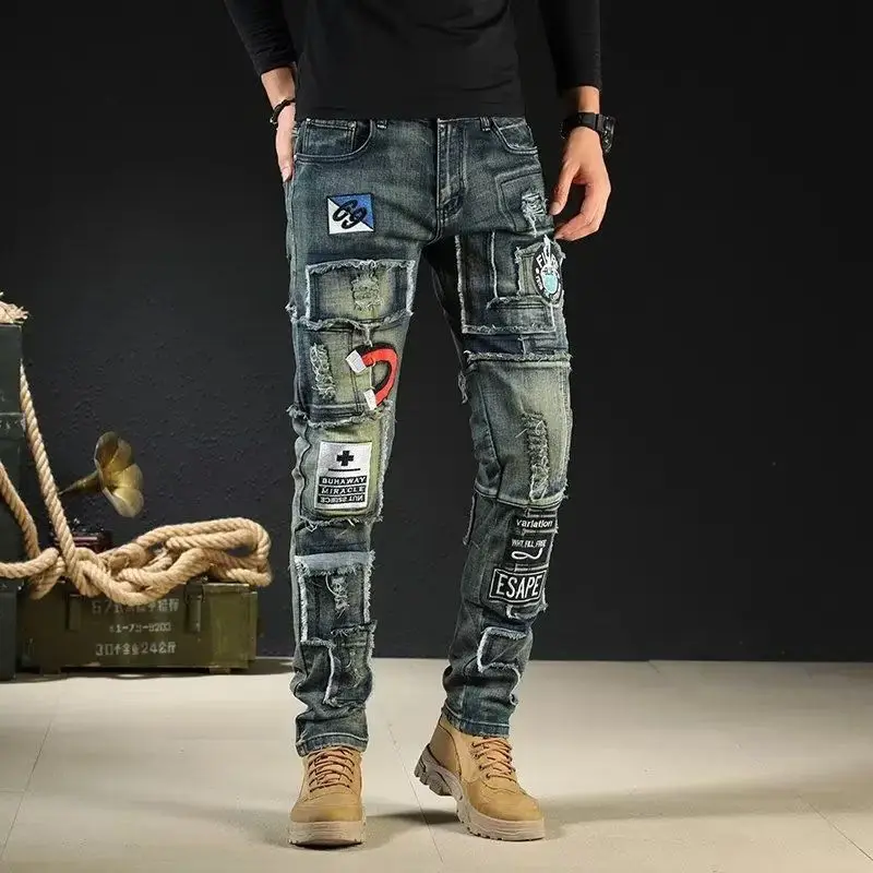 Fashion 2026 Slim-fit Elastic Embroidered Brand Retro Pants Hole Patch Motorcycle Cowboy Brand Luxury Designer Jeans Man