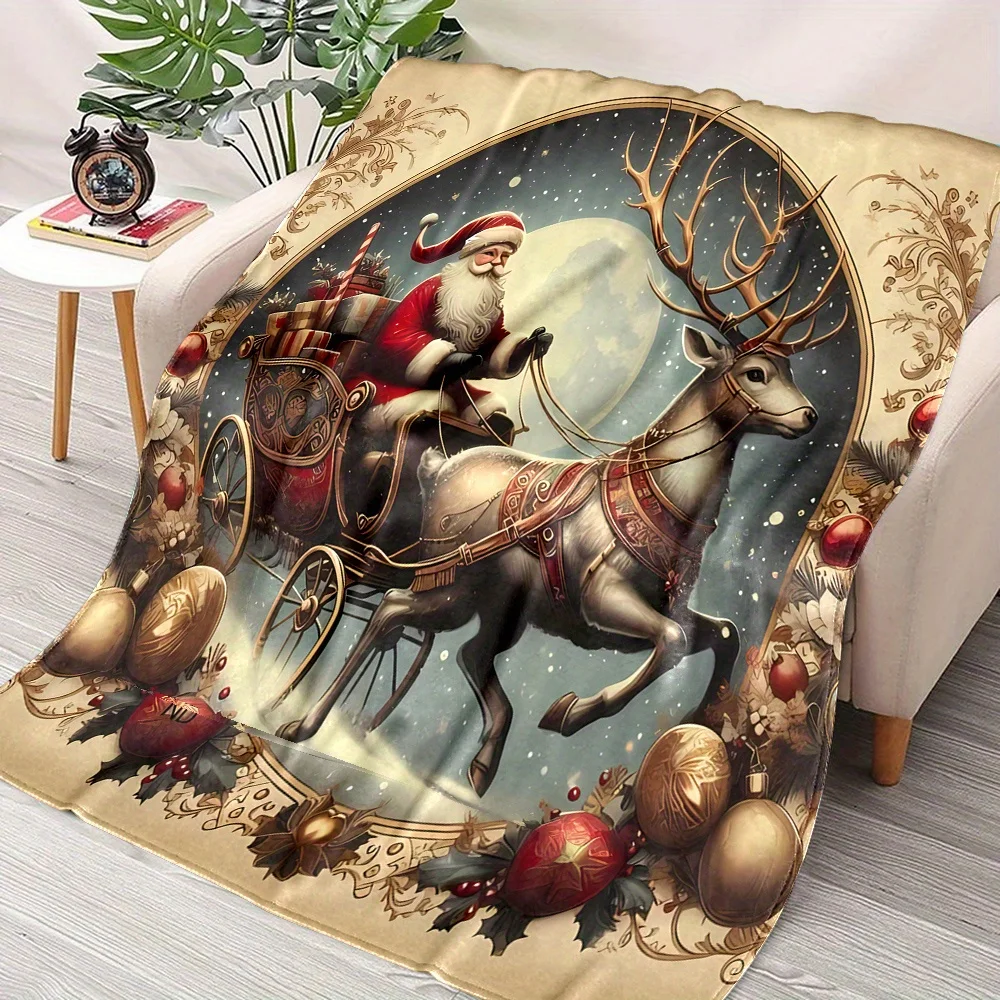 Christmas Eve Santa Claus on a Reindeer Sleigh Delivering Gifts Pattern Print, Four-season Three-dimensional Universal Small Nap