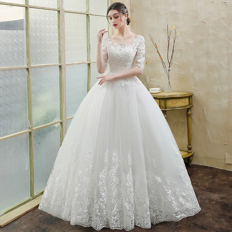 Exquisite Lace Embroidered Wedding Gown Traditional Bridal Dresses White Simple Boat Neck Wedding Dress