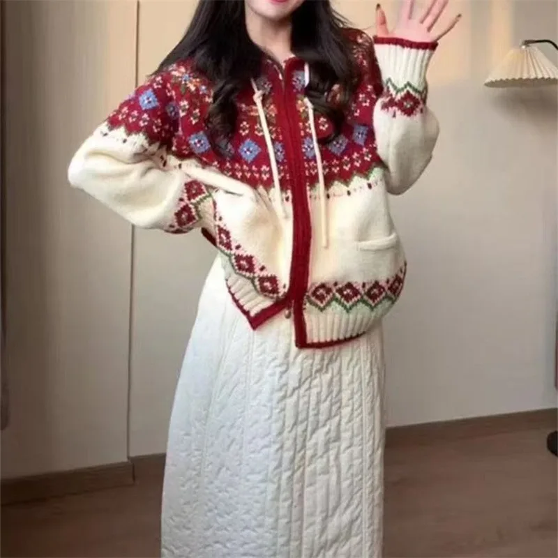 

Loose Lazy Wind Autumn and Winter New Heavy Industry Jacquard Hooded Cardigan Sweater Women's Knitted Coat Women