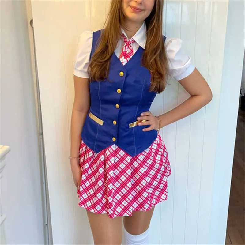 Schulmädchen-Uniform-Kostüme für Damen Kurzarm-Hemden Knopfleisten-Weste Karierter Faltenrock und Krawatte 4-teiliges Set