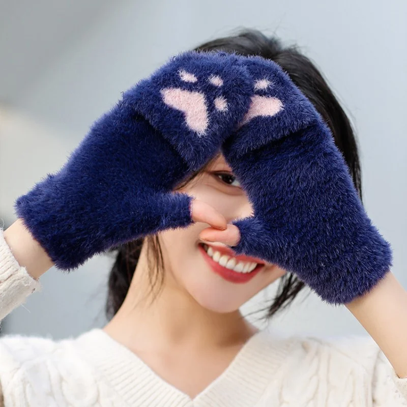 Cute Cat Claws Bear Paw Women Girls Lovely Warm Fingerless Gloves Winterproof Thicken Fluffy Half Finger Mittens Christmas Gift