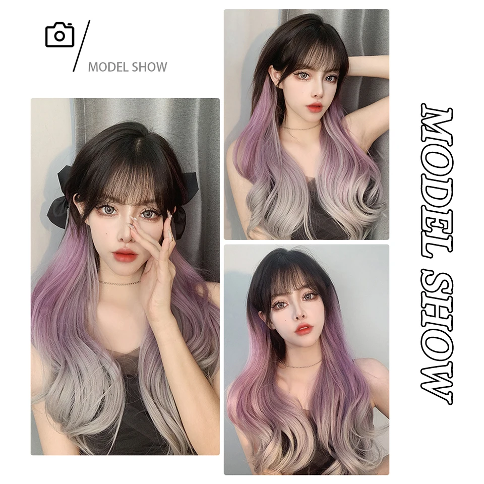 LM Synthetic Long Wave V-shaped Purple GreyHair Extension Half Wig Heat Resistant Straight Fake Hair Hairpiece for Women