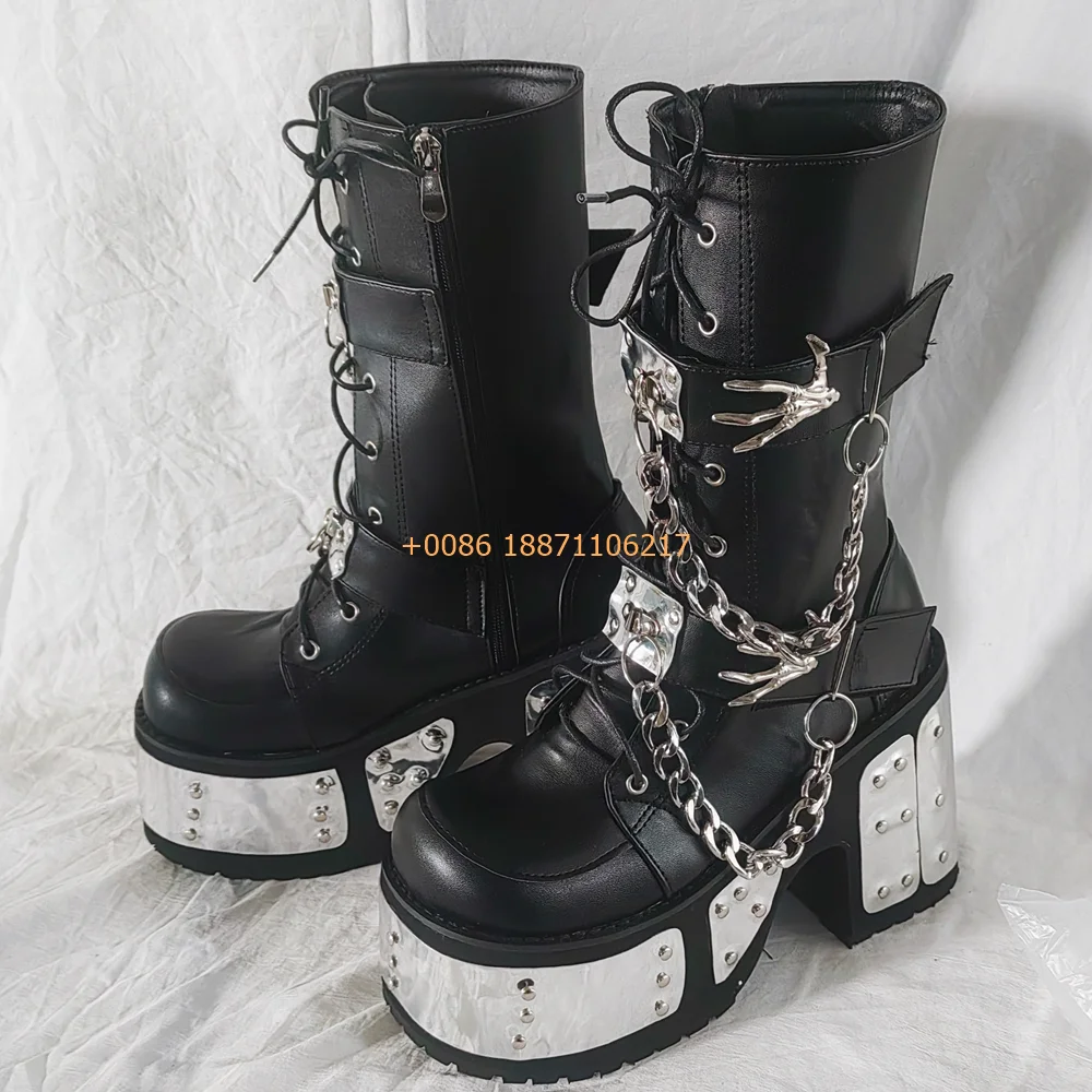 Cyberpunk Thick Sole Metal Chain Motorcycle Boots New Round Street Rock Thick Heel Knight Boots Fashion Ladies Y2K Casual Boots