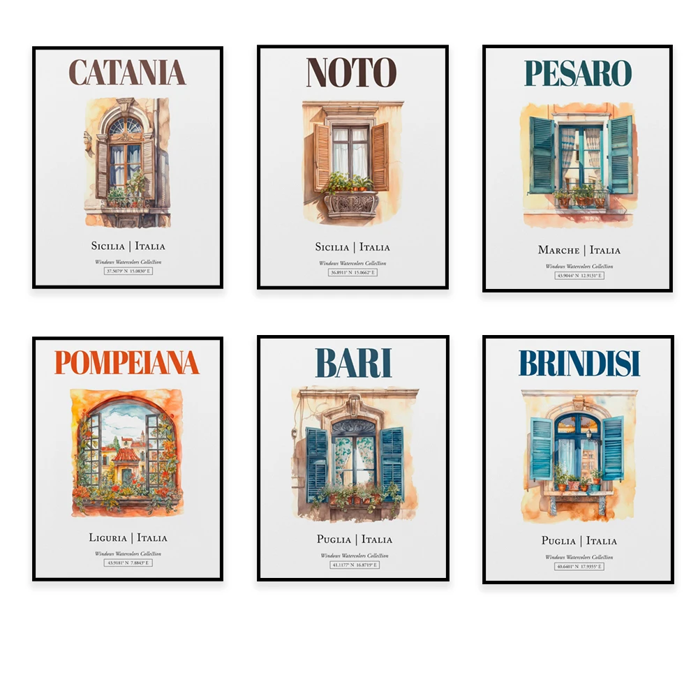 Italia Sicilia, Catania, Pompeiana, Pesaro, Brindisi, Livorno, cartel de viaje Chianti, ilustración tradicional de acuarela de ventana