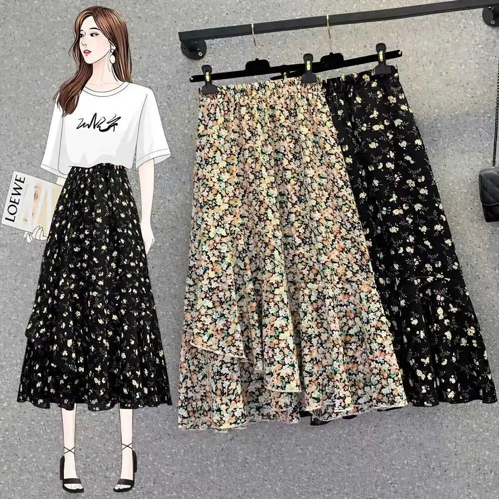 

Fashionable Large Size Women's Summer Floral Print Elastic Waist Half-length Skirt Korean Style Loose Fit High Waist A-line S...