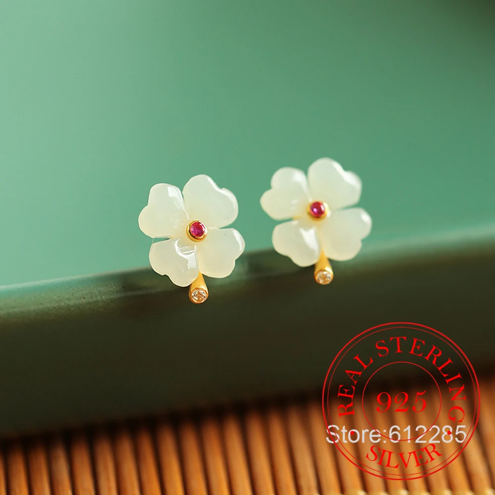 925 Sterling Silver Jewelry Natural Jade Lucky Flower Plants Stud Earrings for Women Wedding Party Jewelry For Girls Friend Gift