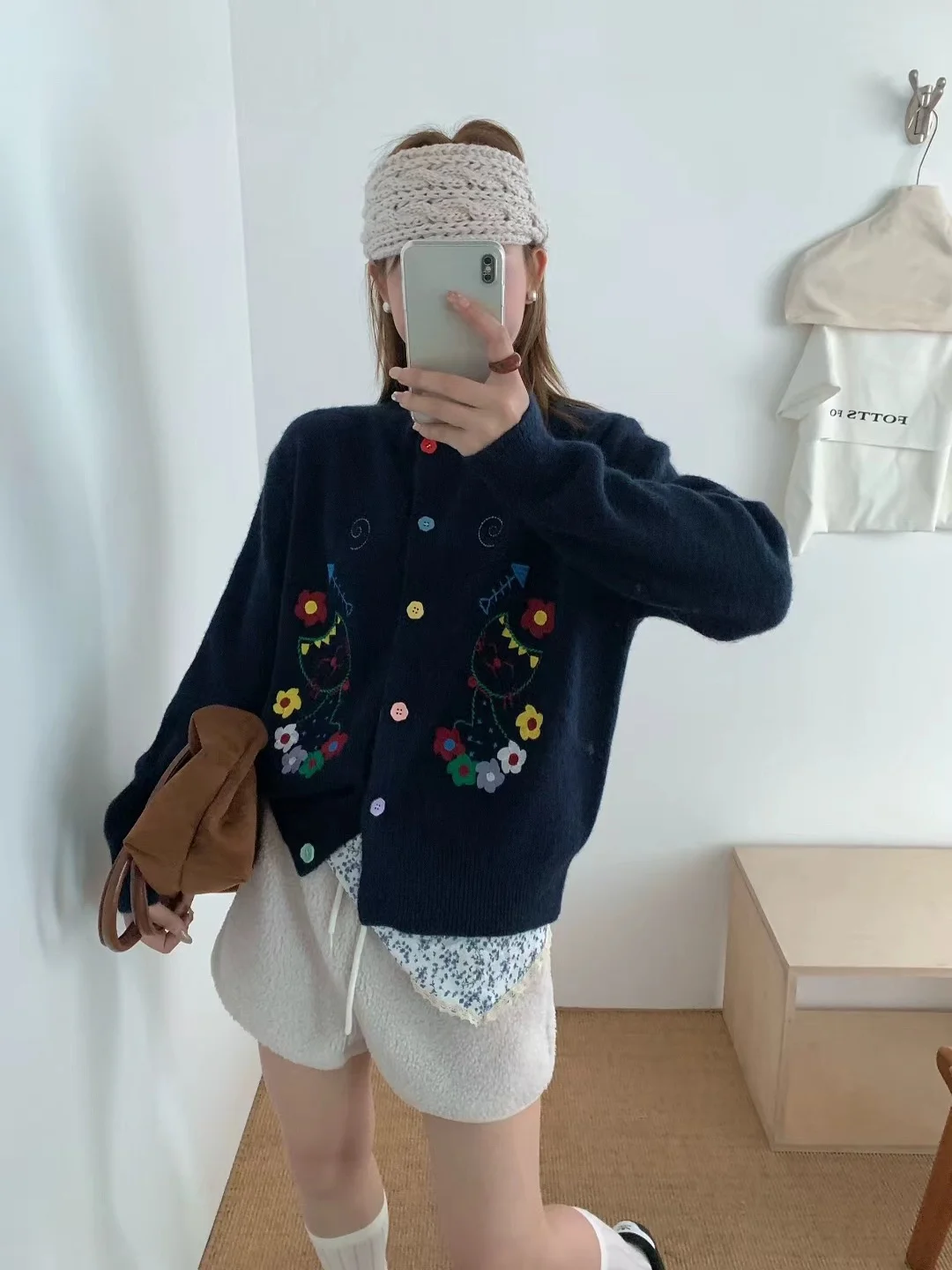 

fiti Embroidery Cartoon Pure Color round Ne Art Knitted Open Cardigan Women's Soft Long Sve Warm Thi Knitwear