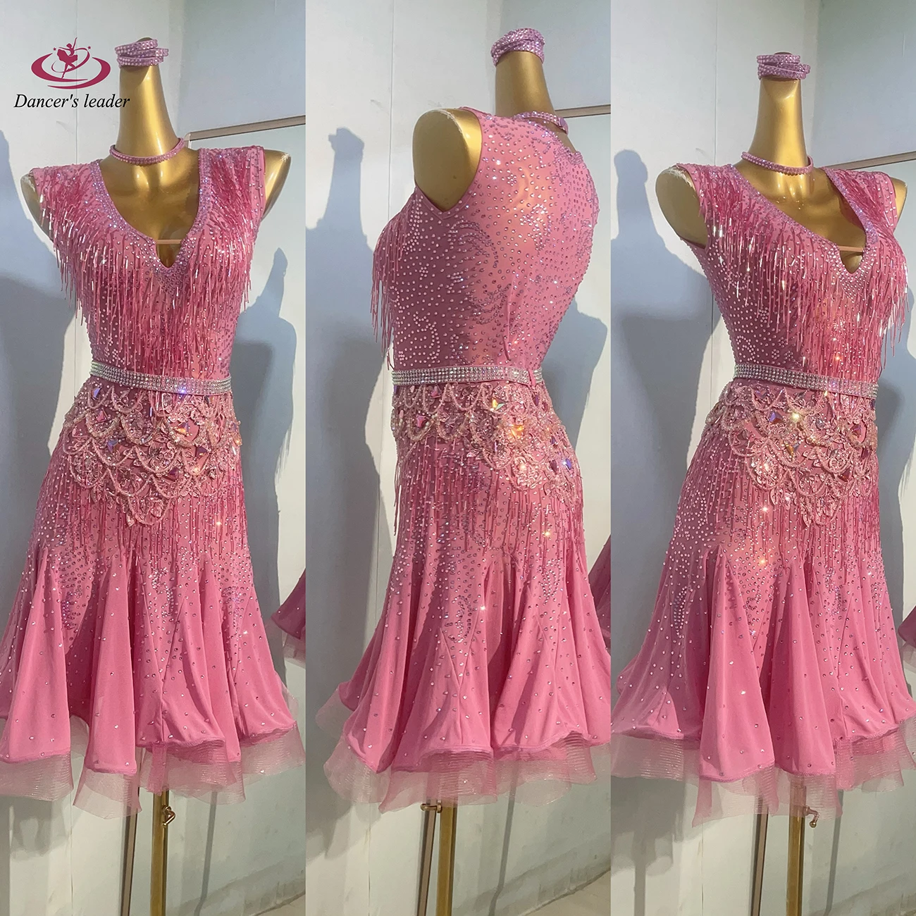 Latin Dance Women's High-end Customized Pink Embroidered Bead Tube Tassel Tango Samba Performance Rhinestone Dress