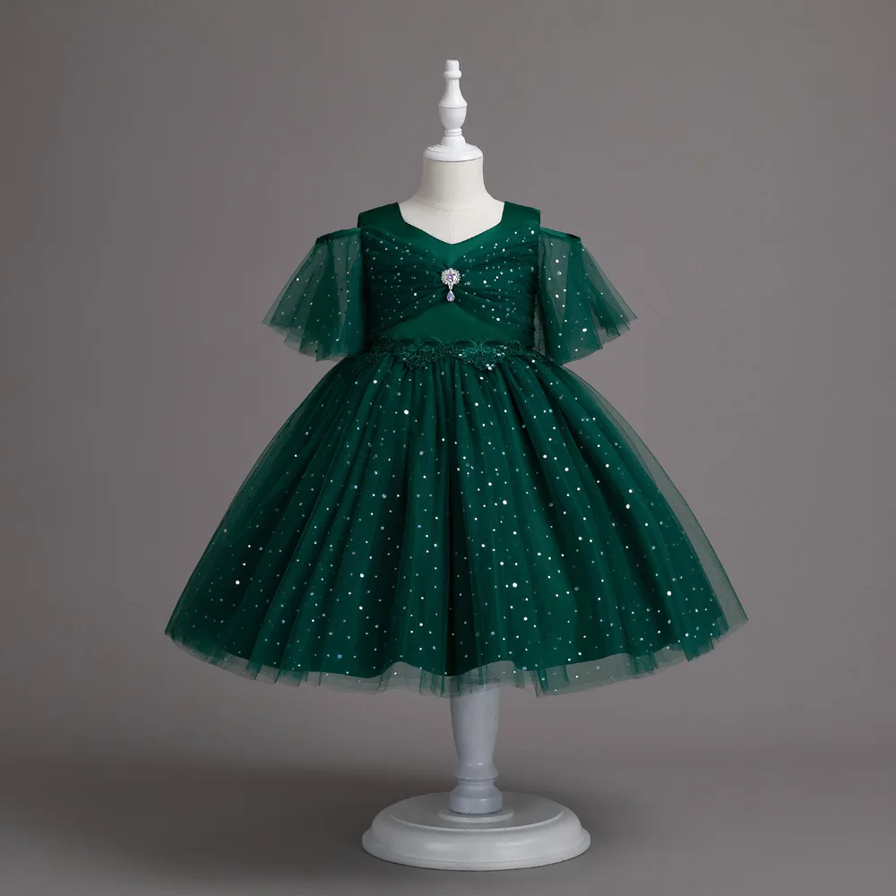 

Kid Off Shoulder Tulle Short Sleeved Dress Sequined V Neck Bodice Brooch Accent Layered Sparkle Tulle Girl Skirt Children Gown