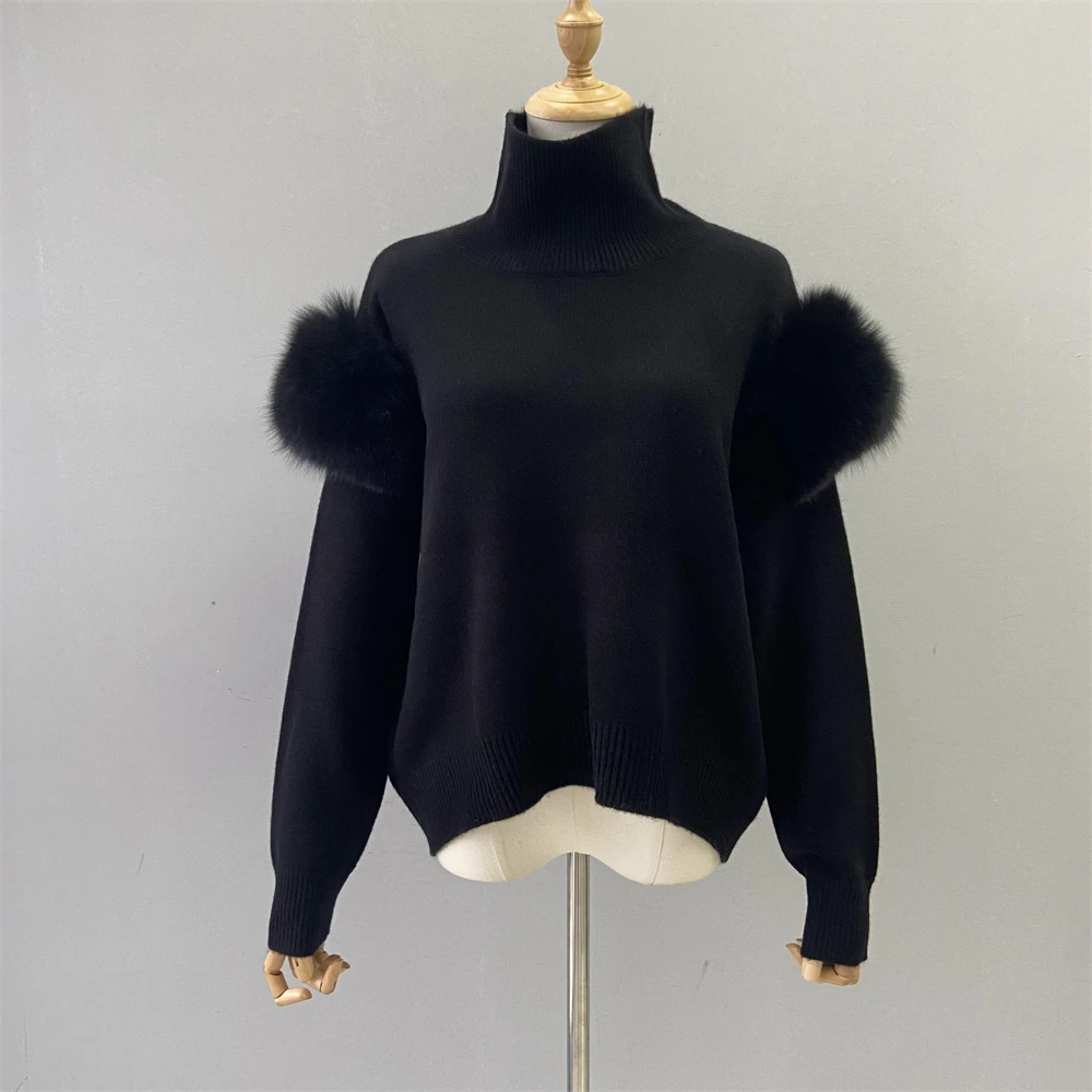 

Luxyonuo Women's 100% Wool Sweater with Real Fox Fur Lady Fashion Full Sleeves Turtleneck Pullover Warm Knitted Tops New Arrival